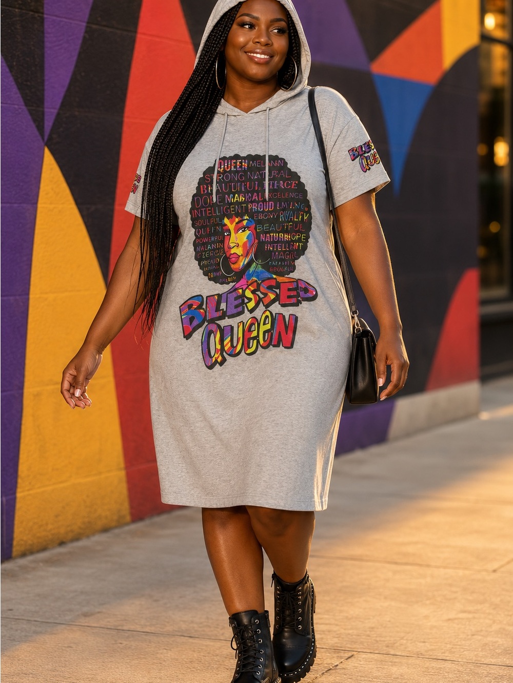 On Fire Gray Hooded Midi Dress with Multicolor "Blessed Queen" Graphic